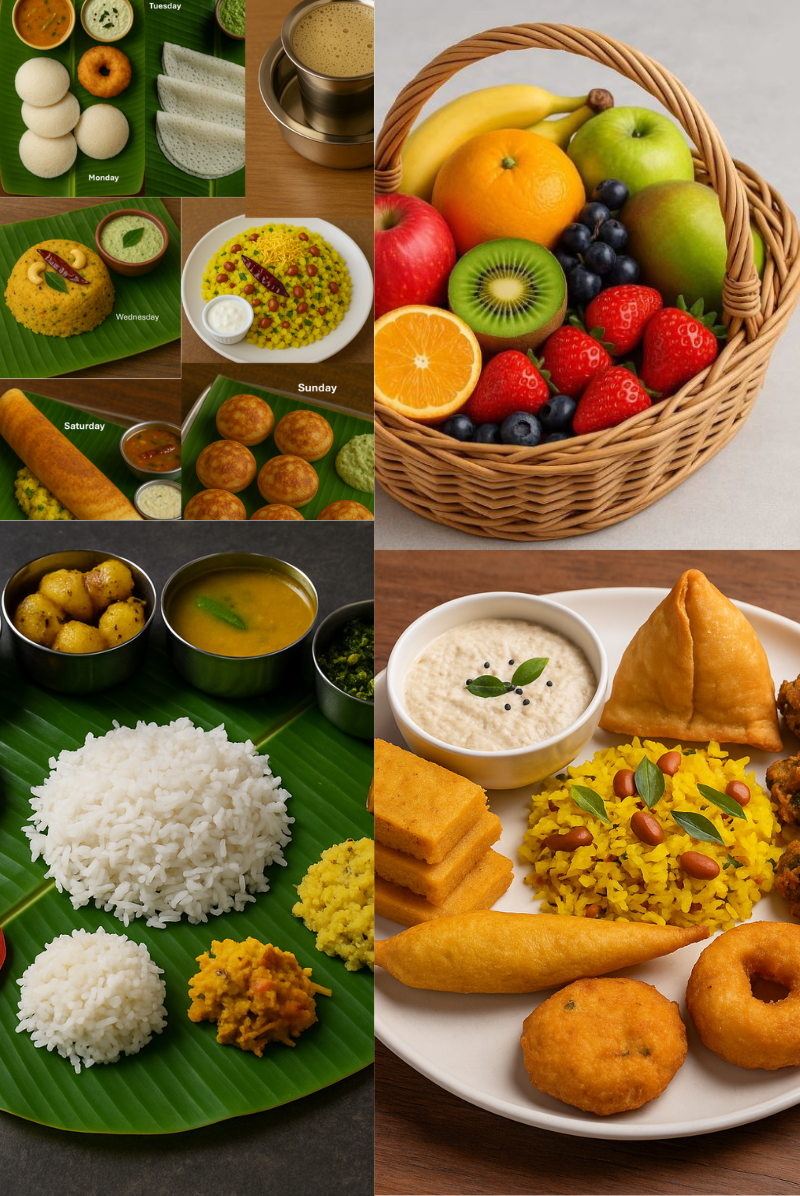 Stay nourished all day with our Brahmin-style five-meal plan—balanced satvik vegetarian breakfast, lunch, snacks & dinner delivered across Bangalore.